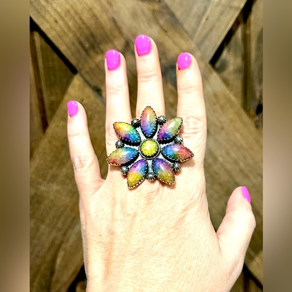 Krush Kandy Jewelry - EUC Rainbow Quartz Faceted Flower Bust Sterling Silver Ring